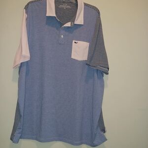 Vineyard Vines EdgarTown Polo Men's 2XL Summer‎ Blue & Pink Striped Cotton Blend